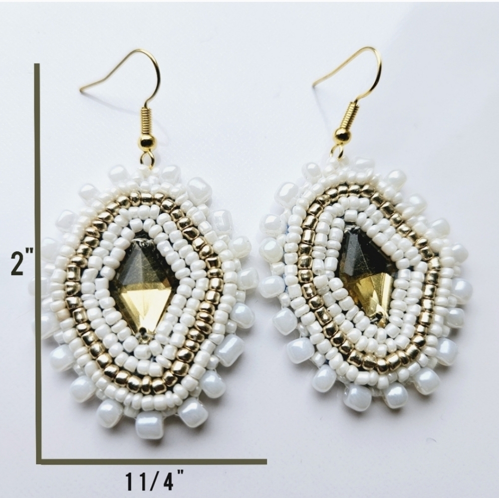 2/$27 | White + Gold Beaded Bohemian Indigenous Native Hoop Earrings | Handmade - Picture 5 of 8